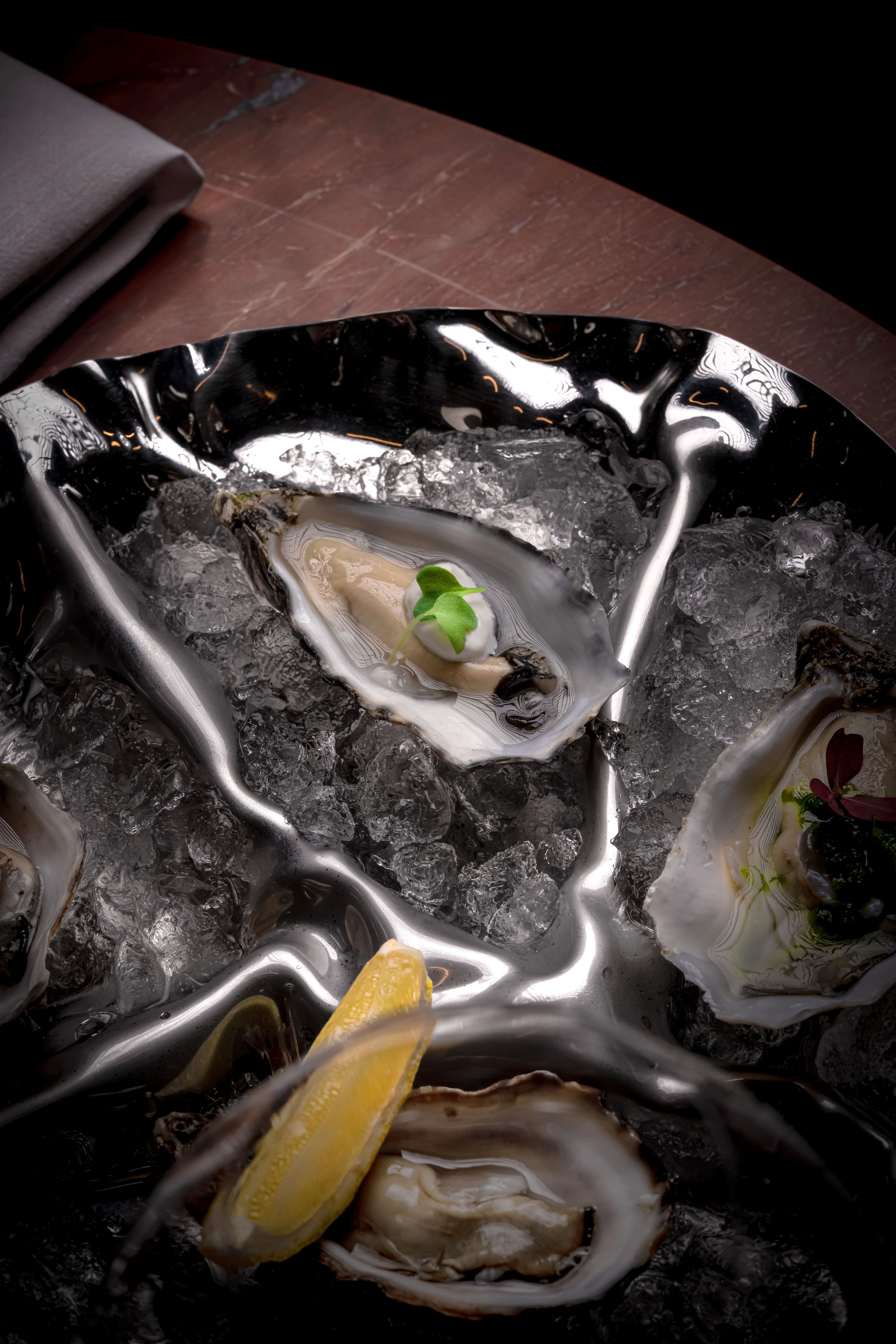 Close-up oyster composition on stone plate